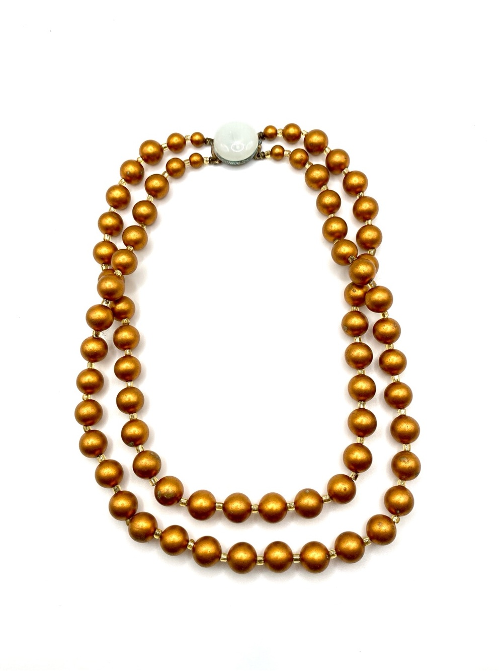 Vintage Japan Double Strand Bronze Faux Pearl Necklace Gold Copper Bead Retro